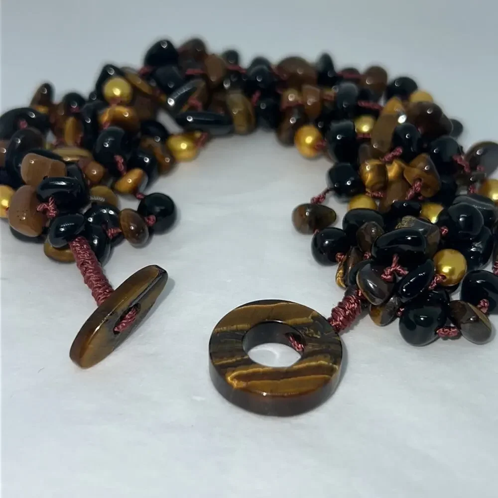 Multistrand Beaded Tiger Eye Onyx Pearl Toggle Knotted Bracelet 8”